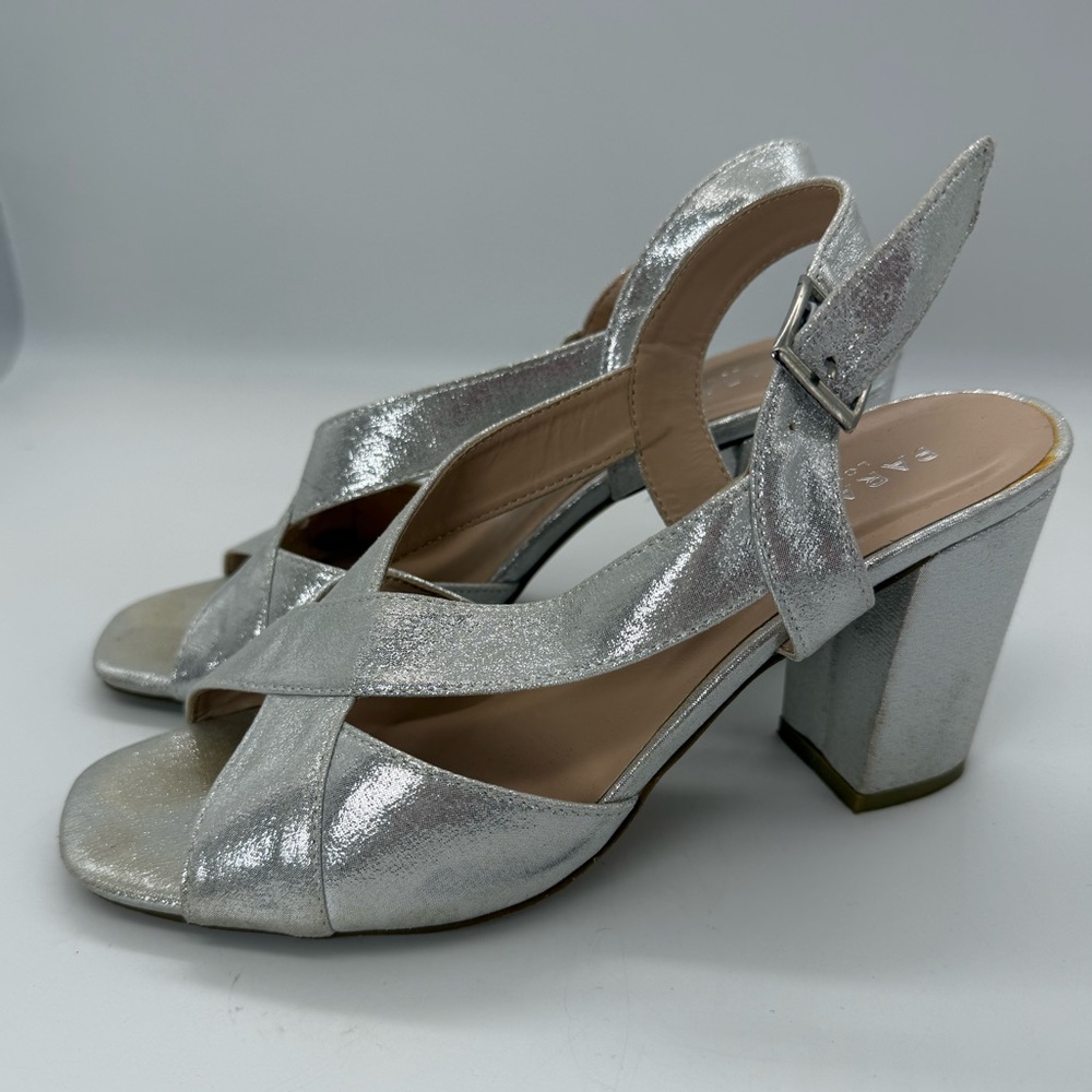 Paradox London Silver Shimmery Strappy Chunky Heel Sandals Women's Size 8 Bridal